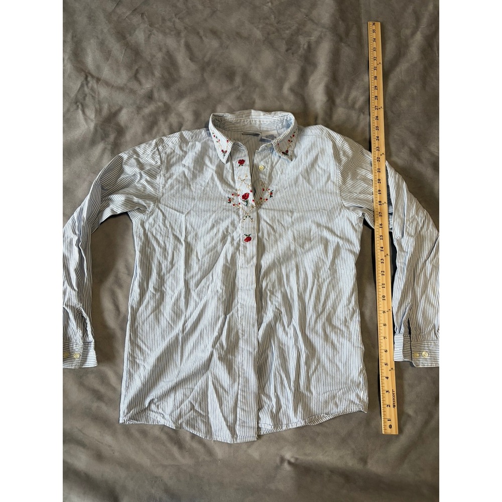 Cabin Creek Womens Blue White Pinstripe Floral Embroidered Cotton Shirt Medium - Picture 5 of 5